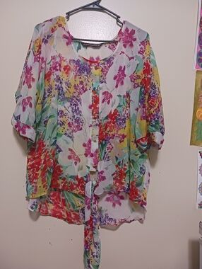 Mushka Sienna Rose Womens Floral Tie-Front Blouse - Multicolor 2x A-19